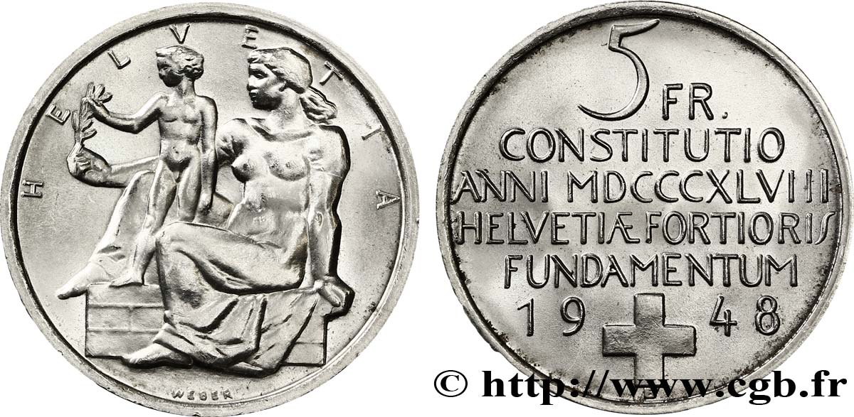 SVIZZERA  5 Francs centenaire de la constitution suisse 1948 Berne - B MS 