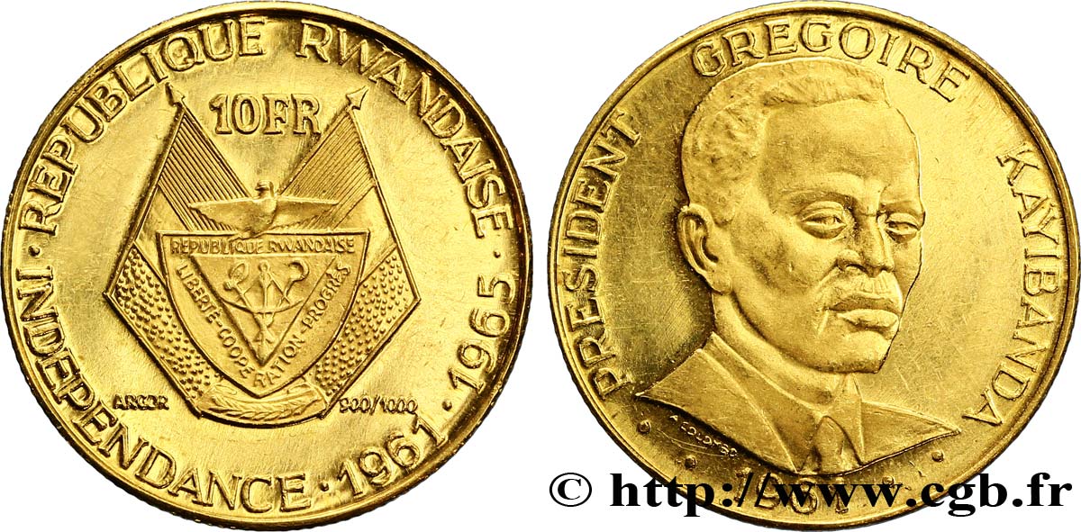 RUANDA 10 Francs or emblème / président Grégoire Kayibanda 1965  EBC 