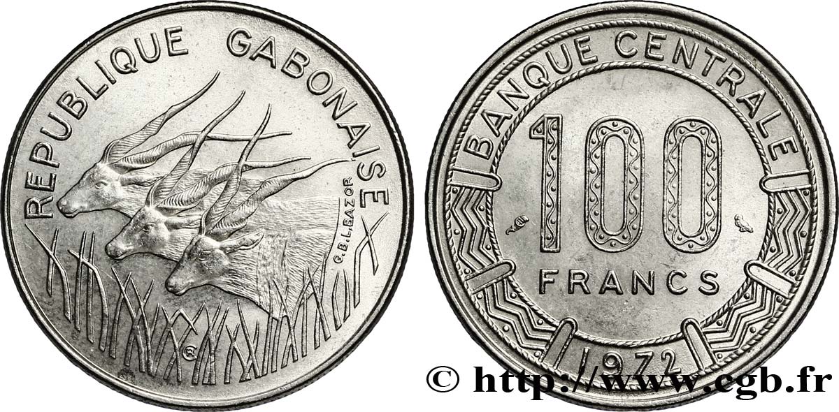 GABóN 100 Francs antilopes 1972 Paris EBC 