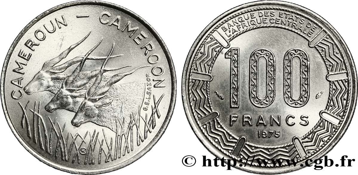 CAMERúN 100 Francs légende bilingue, type BEAC antilopes 1975 Paris EBC 