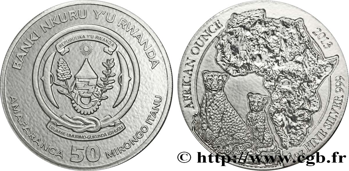 RUANDA 50 Francs (1 once) emblème / léopards et carte de l’Afrique 2013  FDC 