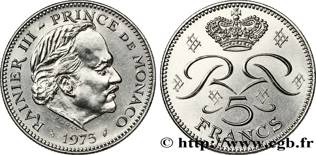 MONACO 5 Francs Rainier III / monogramme couronné 1975 Paris EBC 