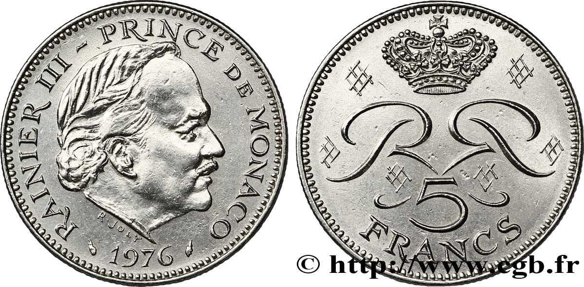 MONACO 5 Francs Rainier III / monogramme couronné 1976 Paris EBC 
