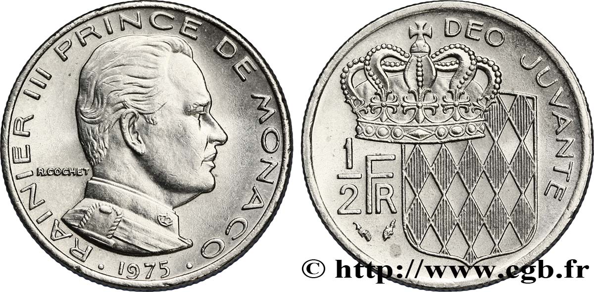 MONACO 1/2 Franc Rainier III / écu couronné 1975 Paris EBC 