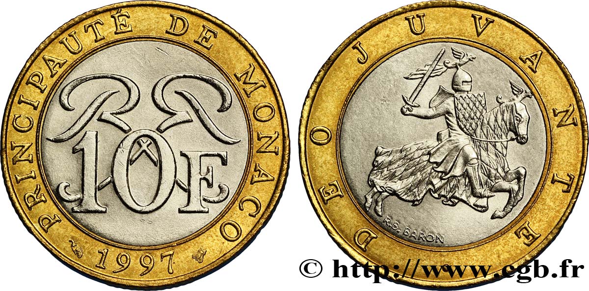 MONACO 10 Francs monogramme de Rainier III / chevalier en armes 1997 Paris AU 