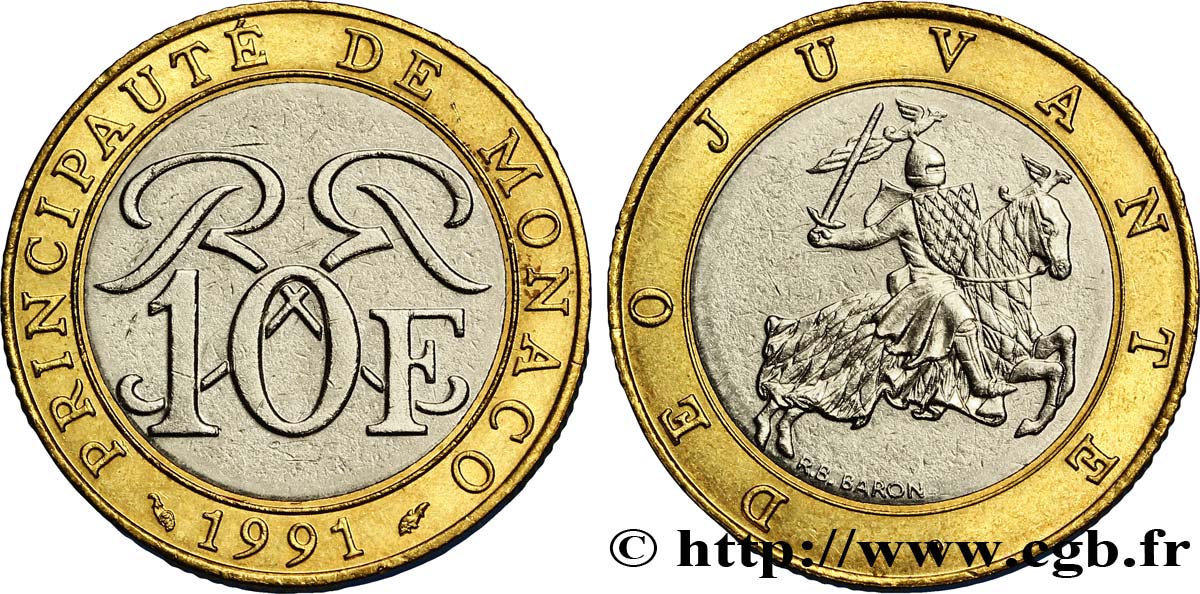 MONACO 10 Francs monogramme de Rainier III / chevalier en armes 1991 Paris AU 