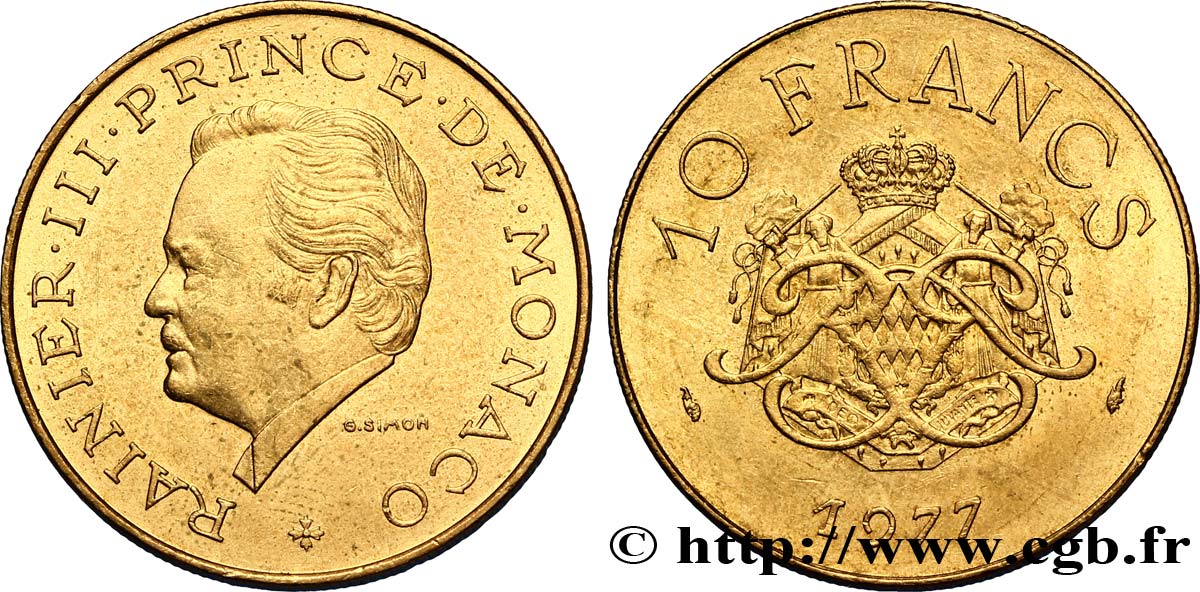 MONACO 10 Francs Rainier III / écu et monogramme couronnés 1977 Paris EBC 