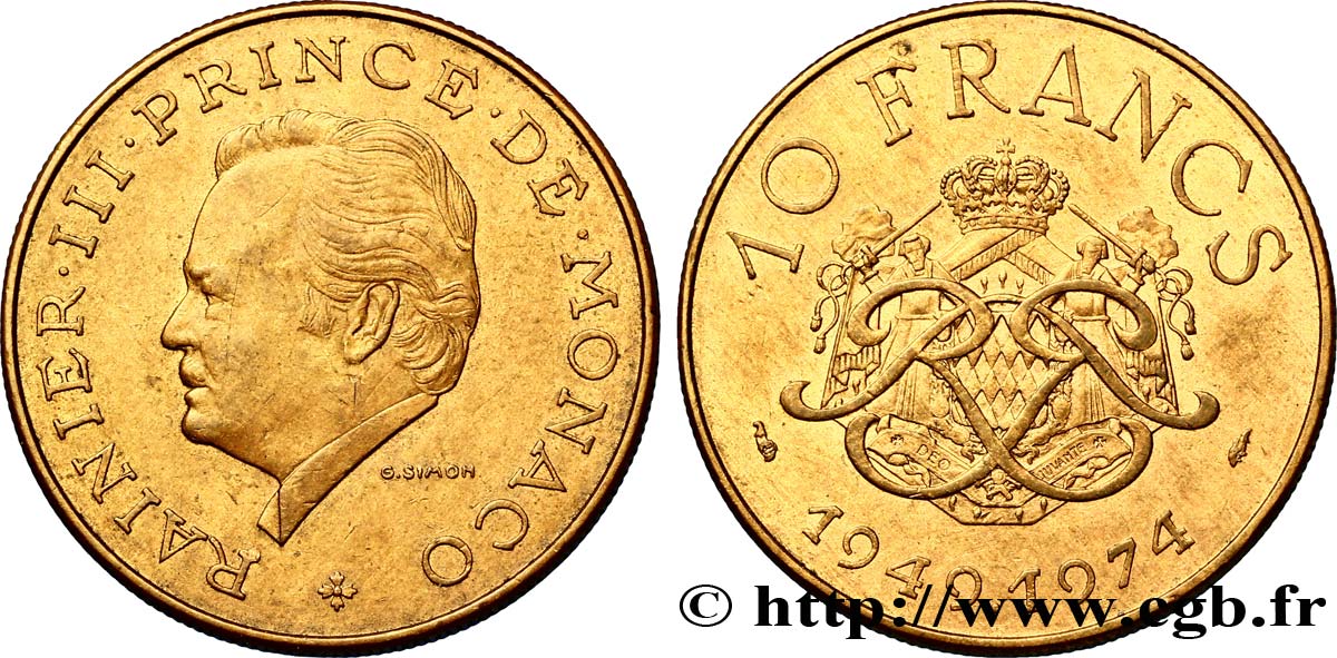 MONACO 10 Francs 25e anniversaire du règne de Rainier III 1974 Paris XF 