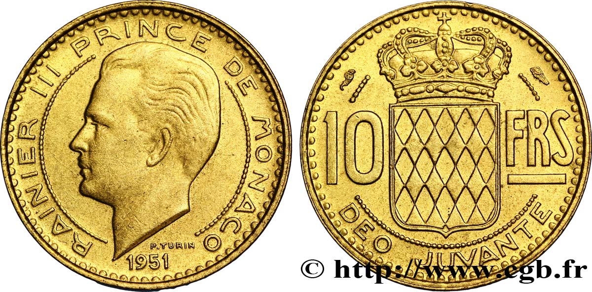 MONACO 10 Francs Rainier III / écu couronné 1951 Paris EBC 