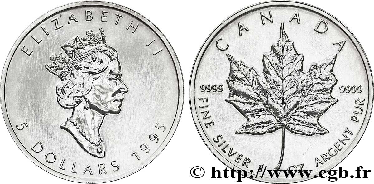 CANADá
 5 Dollars (1 once) Proof feuille d’érable / Elisabeth II 1995  FDC 