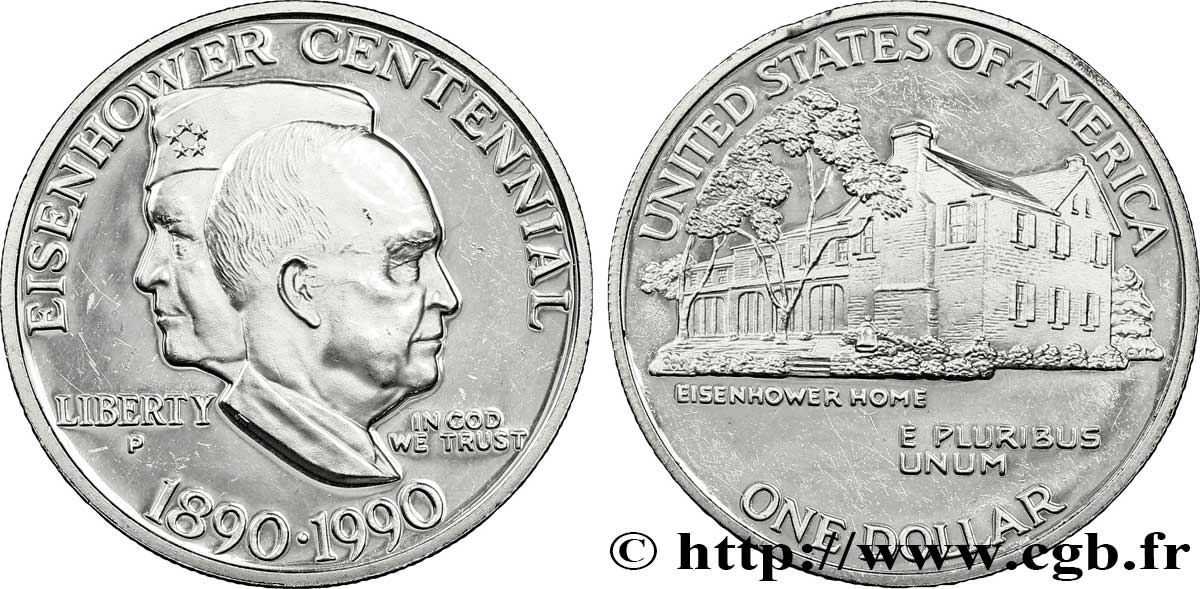 VEREINIGTE STAATEN VON AMERIKA 1 Dollar BE centenaire de la naissance du général Eisenhower : vues de profil / sa maison de Gettysburg 1990 Philadelphie - P VZ 