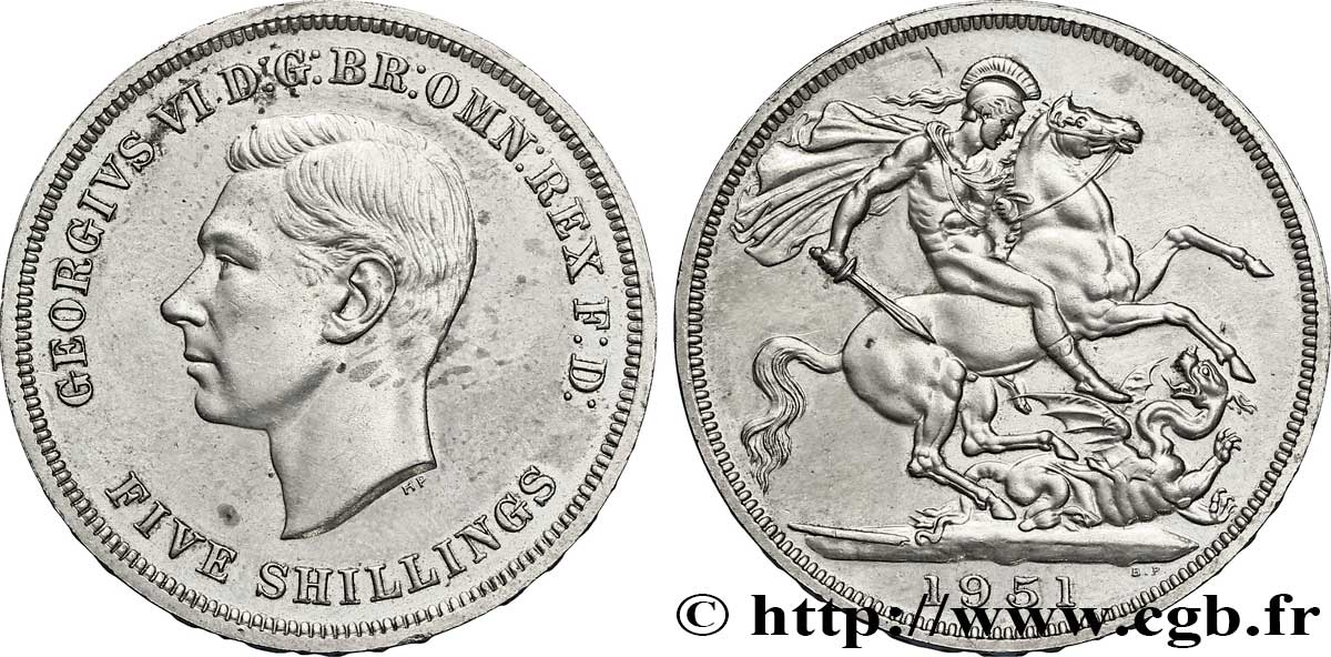 VEREINIGTEN KÖNIGREICH 1 Crown (5 Shillings) Georges VI / St Georges terrassant le dragon 1951  VZ 