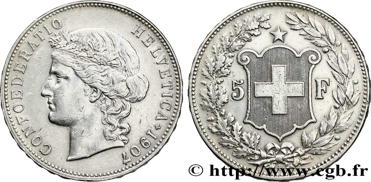 SVIZZERA  5 Francs Helvetia buste 1907 Berne - B BB 