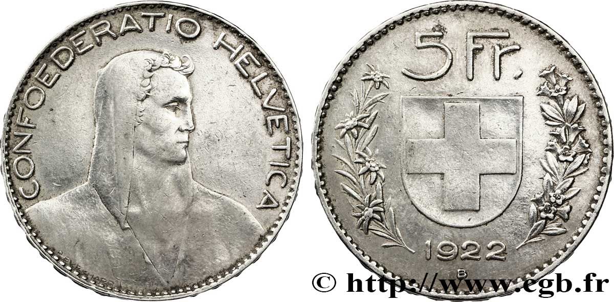 SCHWEIZ 5 Francs berger / écu 1922 Berne - B SS 