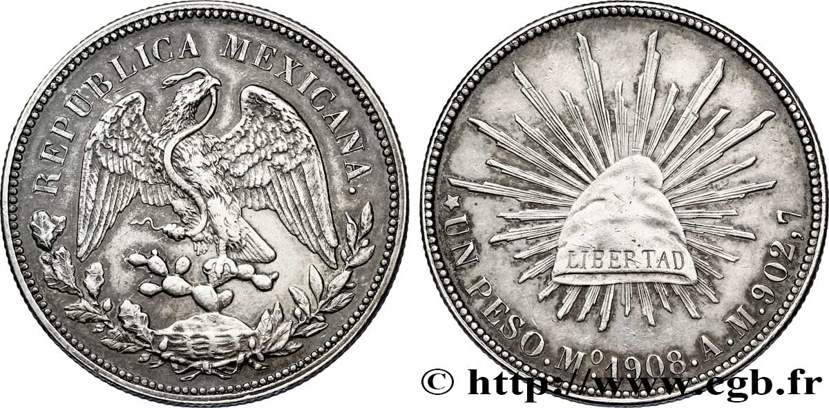 MEXICO 1 Peso aigle 1908 Mexico AU 