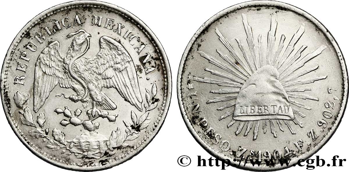 MÉXICO 1 Peso aigle 1904 Zacatecas MBC 