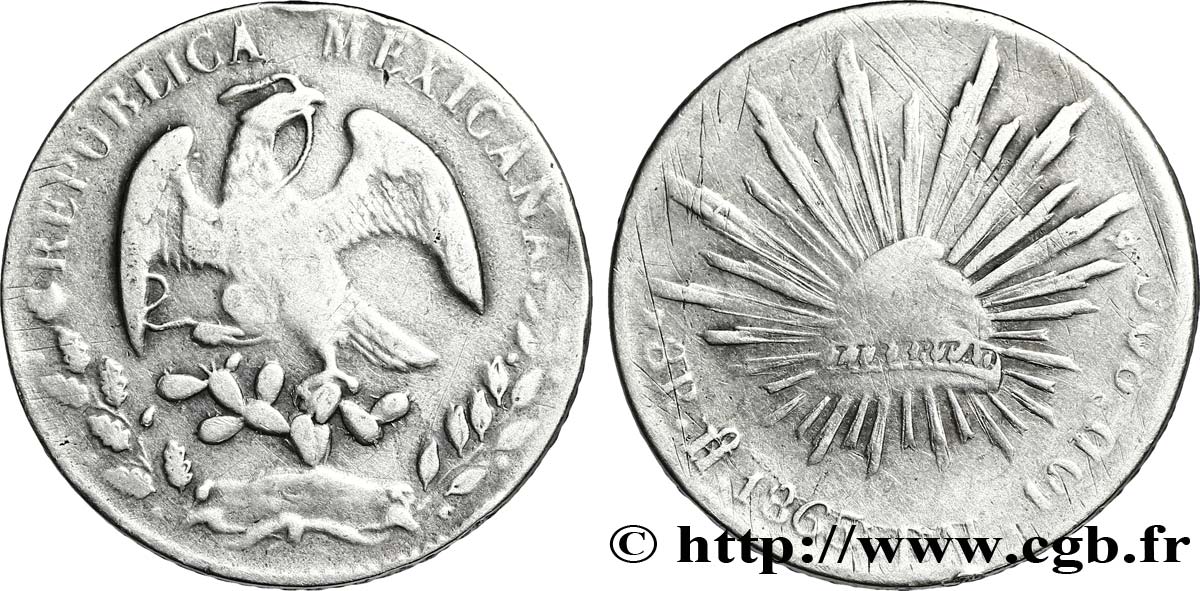 MESSICO 8 Reales Aigle / bonnet phrygien sur soleil 1865 Hermosillo - H° B 