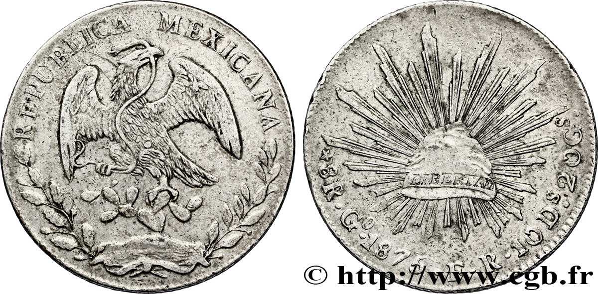 MESSICO 8 Reales Aigle / bonnet phrygien sur soleil surfrappe 1875/6 1875 Guanajuato - G° BB 