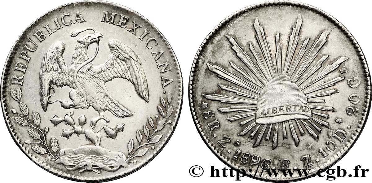 MESSICO 8 Reales Aigle / bonnet phrygien sur soleil avec contremarques 1896 Zacatecas Zs SPL 