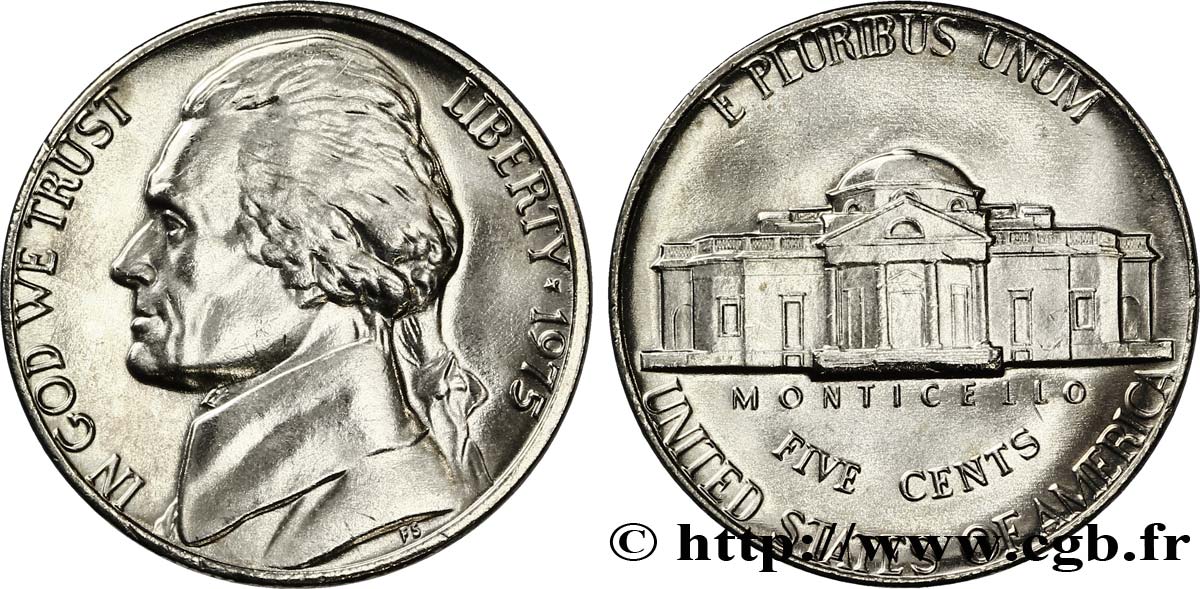 STATI UNITI D AMERICA 5 Cents président Thomas Jefferson / Monticello 1975 Philadelphie FDC 