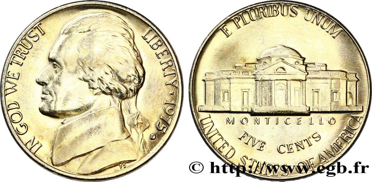 ESTADOS UNIDOS DE AMÉRICA 5 Cents président Thomas Jefferson / Monticello 1975 Denver FDC 