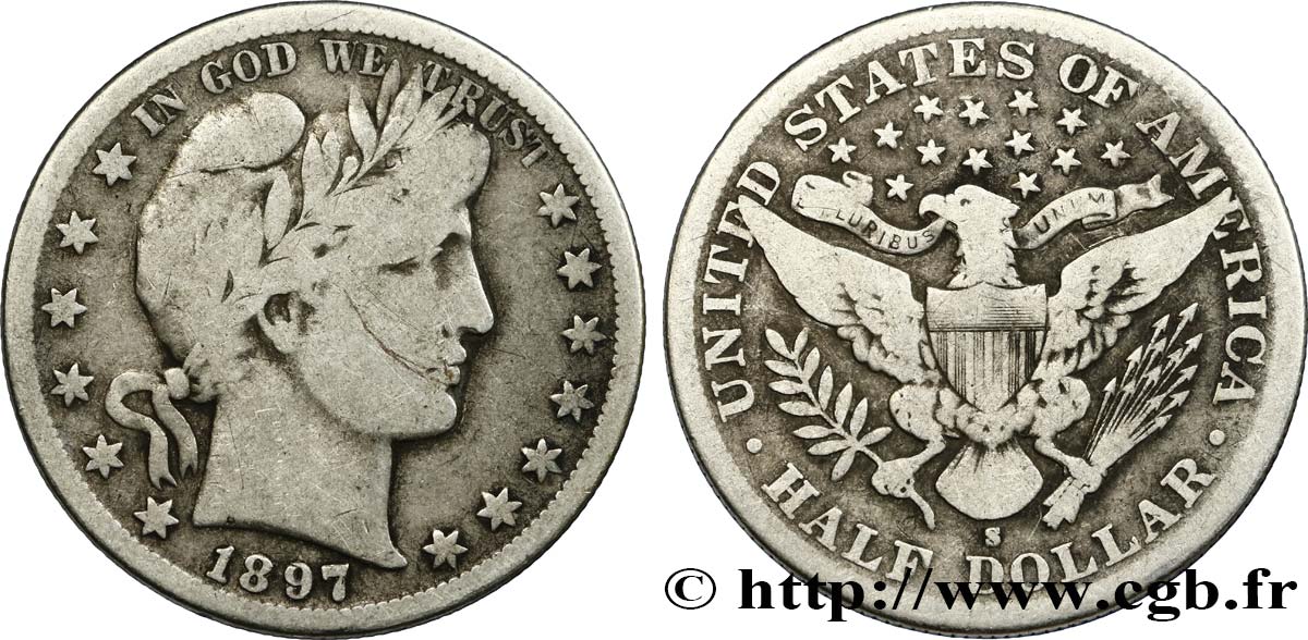 UNITED STATES OF AMERICA 1/2 Dollar Barber 1897 San Francisco VF 