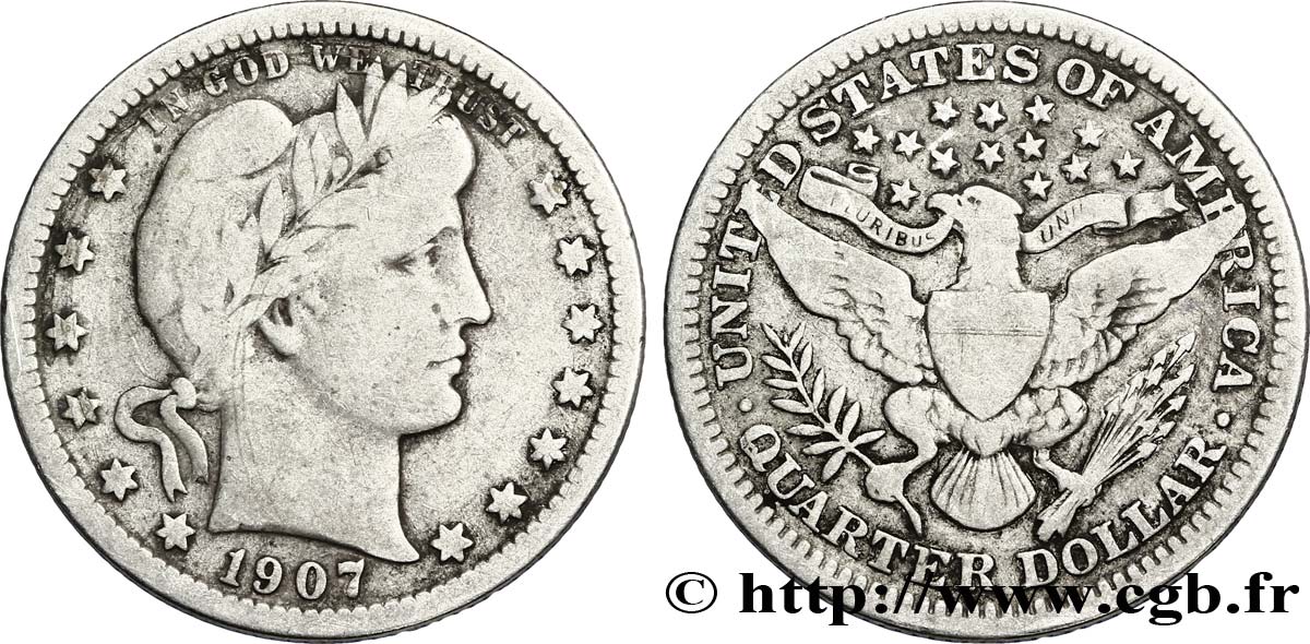 UNITED STATES OF AMERICA 1/4 Dollar Barber 1907 Philadelphie VF 