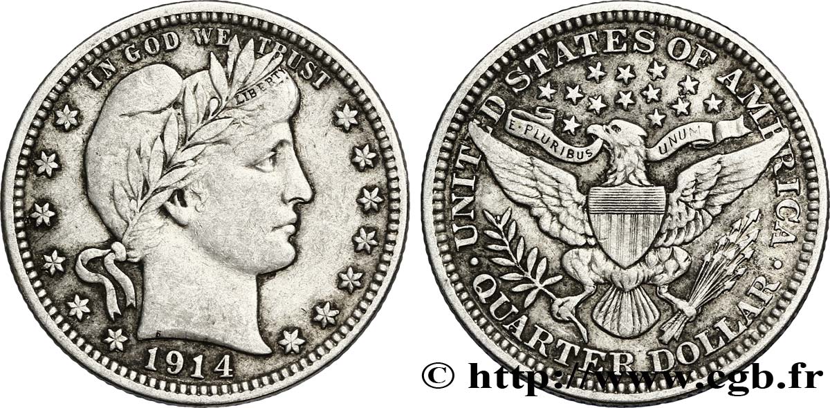 UNITED STATES OF AMERICA 1/4 Dollar Barber 1914 Philadelphie XF 