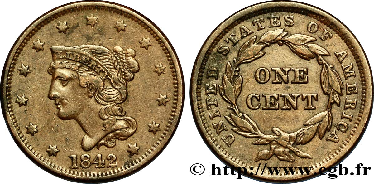 UNITED STATES OF AMERICA 1 cent type “Braided Hair” variété à petite date 1842 Philadelphie XF 