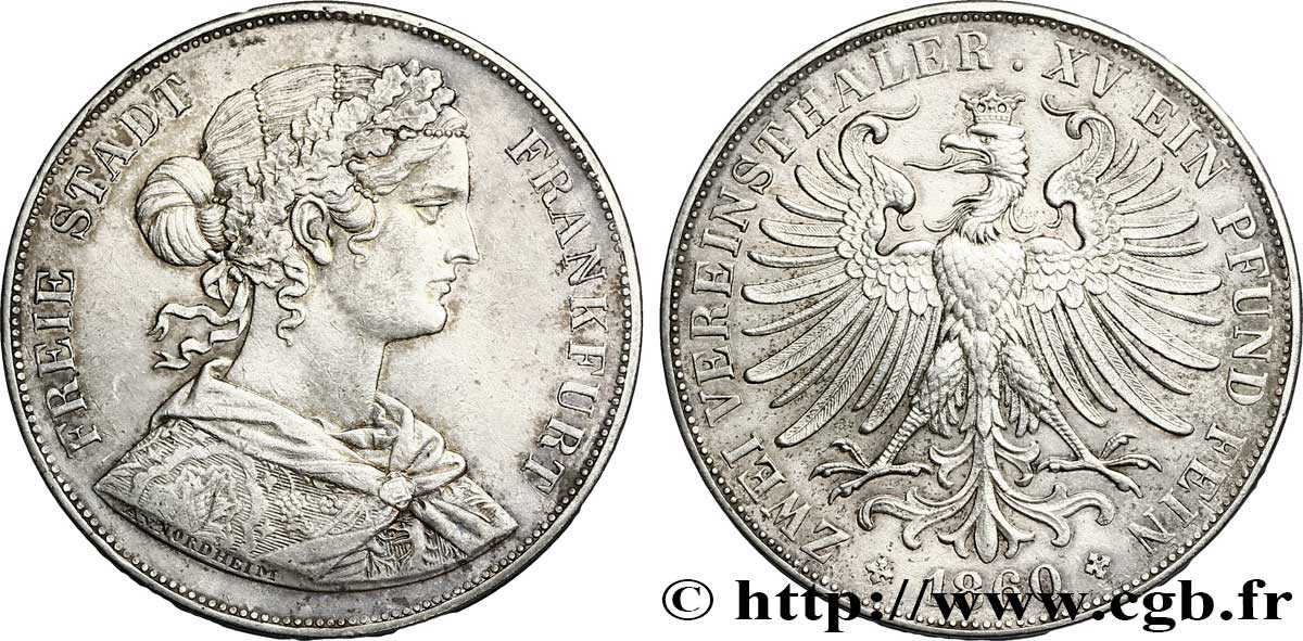 GERMANIA - LIBERA CITTA DE FRANCOFORTE 2 Thaler - Francfort femme / aigle 1860  SPL 