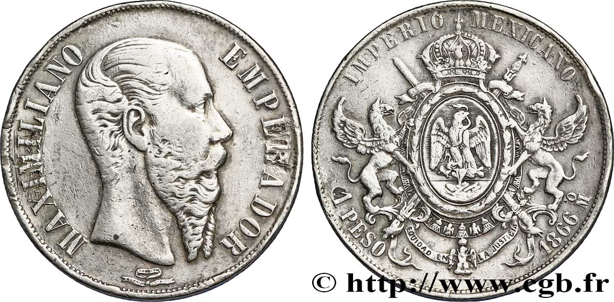 MEXICO 1 Peso Empereur Maximilien 1866 Mexico VF 