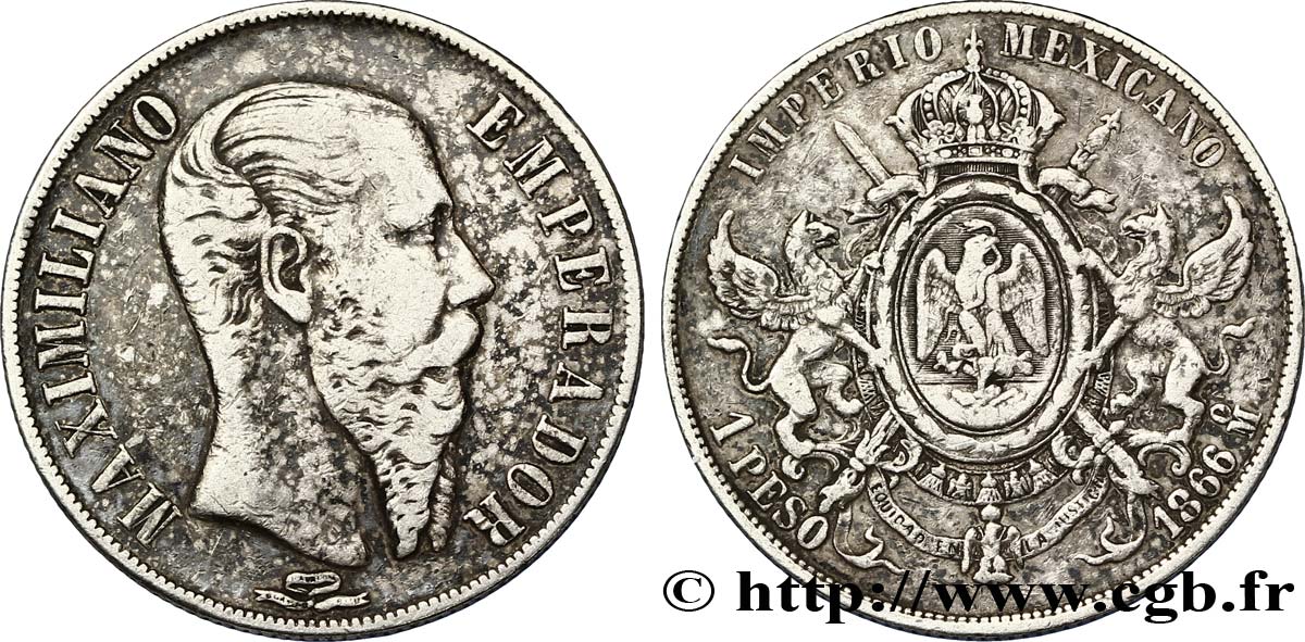 MÉXICO 1 Peso Empereur Maximilien 1866 Mexico BC+ 