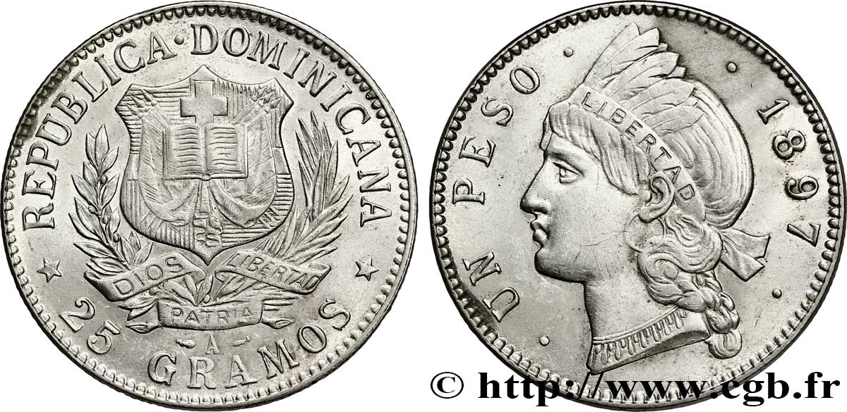 DOMINIKANISCHE REPUBLIK 1 Peso emblème / princesse tainos 1897 Paris - A VZ 