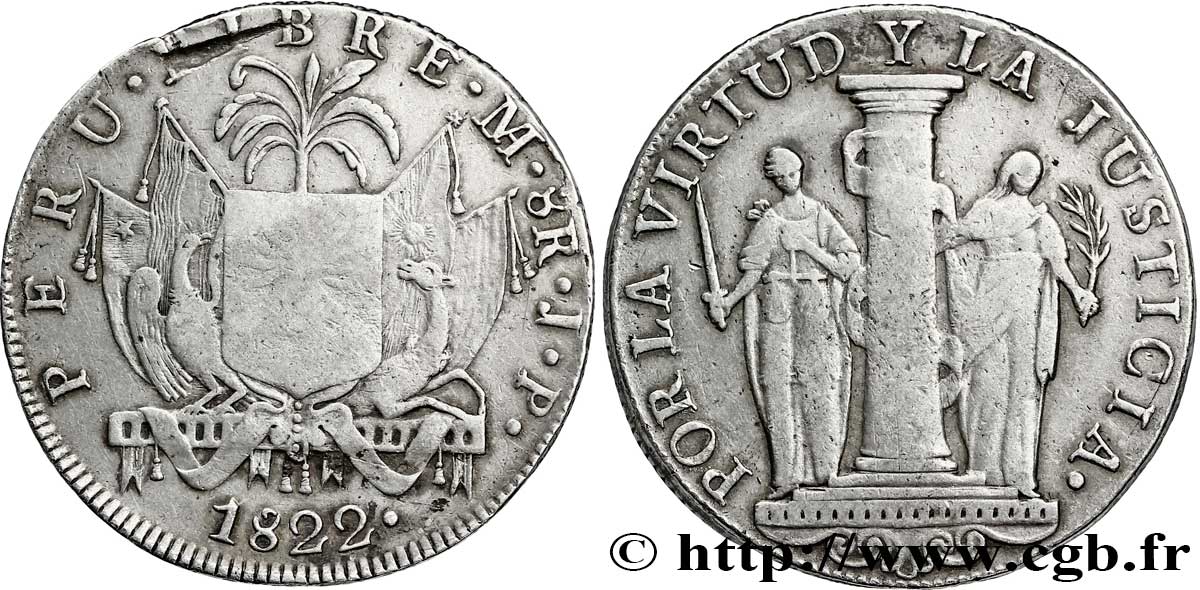 PERU 8 Reales armes / Vertu et Justice 1822 Cuzco MB 