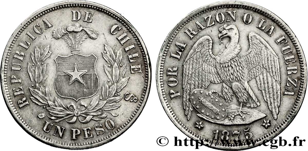 CHILE 1 Peso condor 1875 Santiago AU 