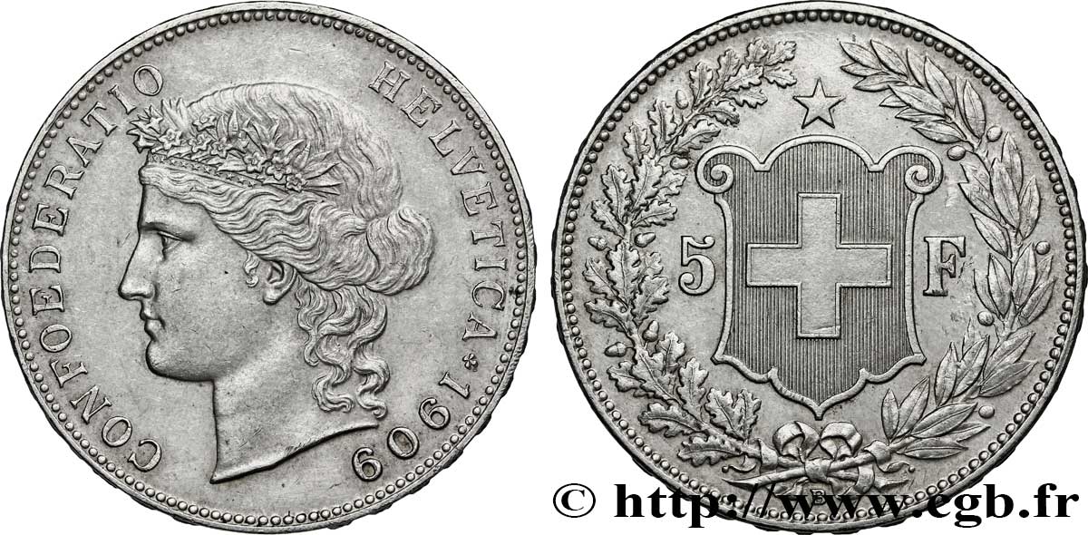 SCHWEIZ 5 Francs Helvetia buste 1908 Berne - B VZ 