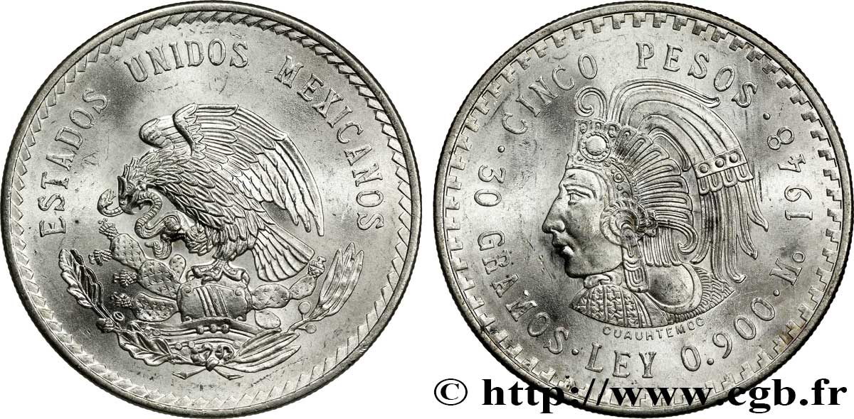 MÉXICO 5 Pesos Aigle / buste de Cuauhtemoc 1948 Mexico SC 