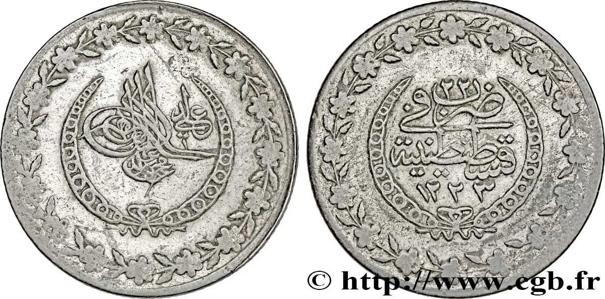 TURKEY 5 Kurush frappe au nom de Mahmoud II AH1223 an 22 1829 Constantinople XF 