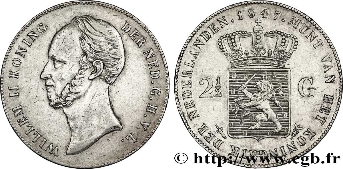 NETHERLANDS 2 1/2 Gulden Guillaume II 1847 Utrecht XF 