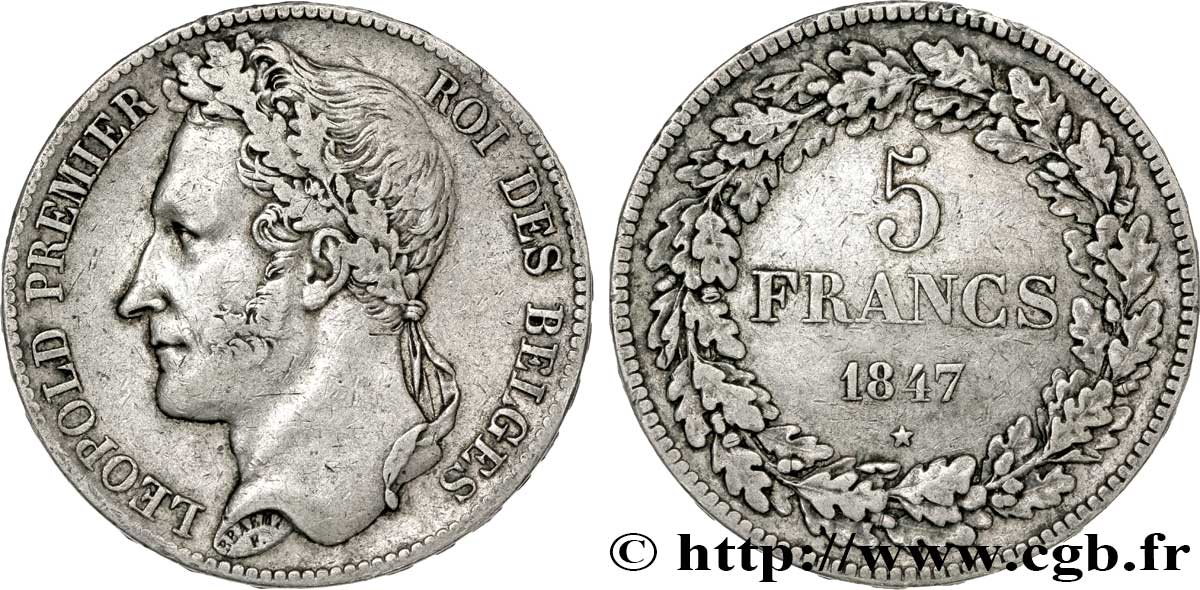 BÉLGICA 5 Francs Léopold Ier tête laurée 1847  MBC 