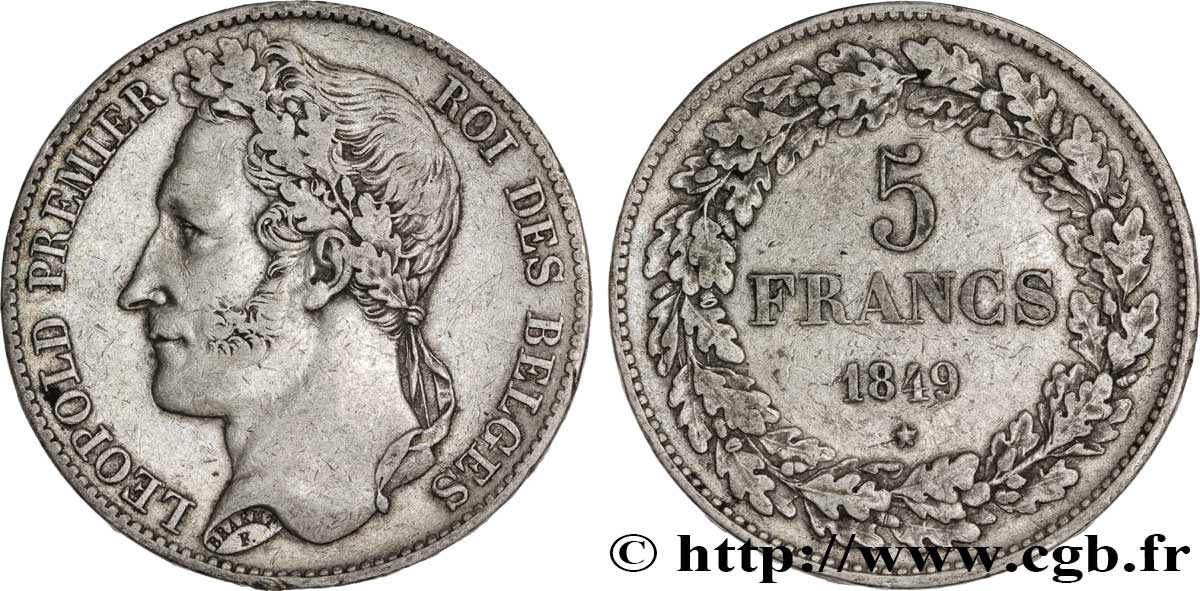 BELGIUM 5 Francs Léopold Ier tête laurée 1849  XF 