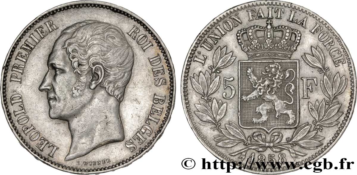 BELGIUM 5 Francs Léopold Ier tête nue 1858  XF 