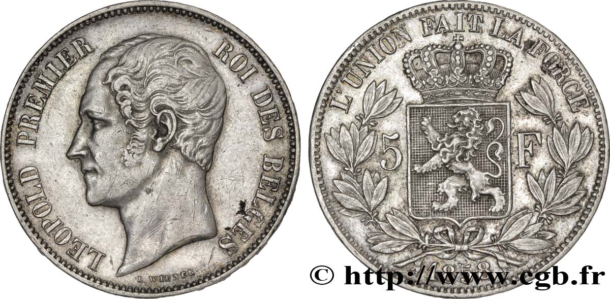 BELGIUM 5 Francs Léopold Ier 1852 Bruxelles XF 
