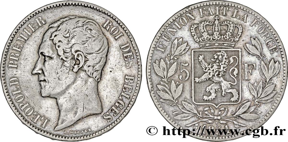 BELGIEN 5 Francs Léopold Ier 1851  S 