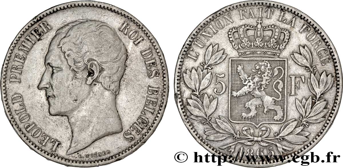 BELGIUM 5 Francs Léopold Ier tête nue 1865  VF 