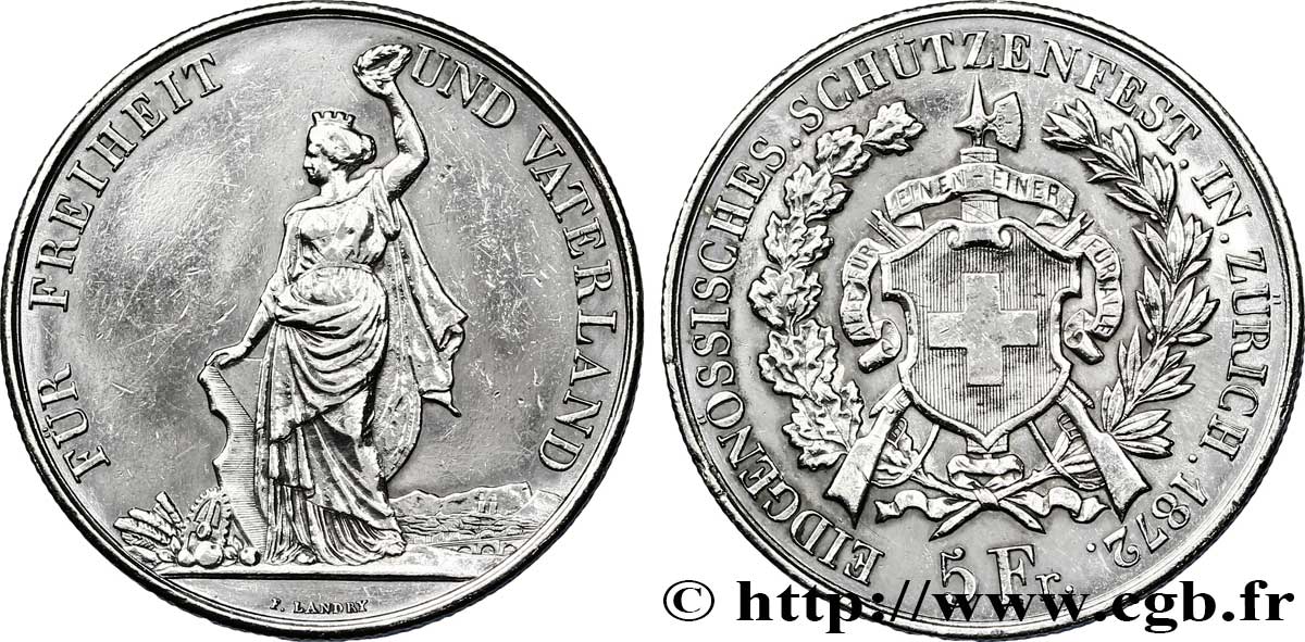 SWITZERLAND Médaille de 5 francs, concours de tir de Zurich 1872  AU 