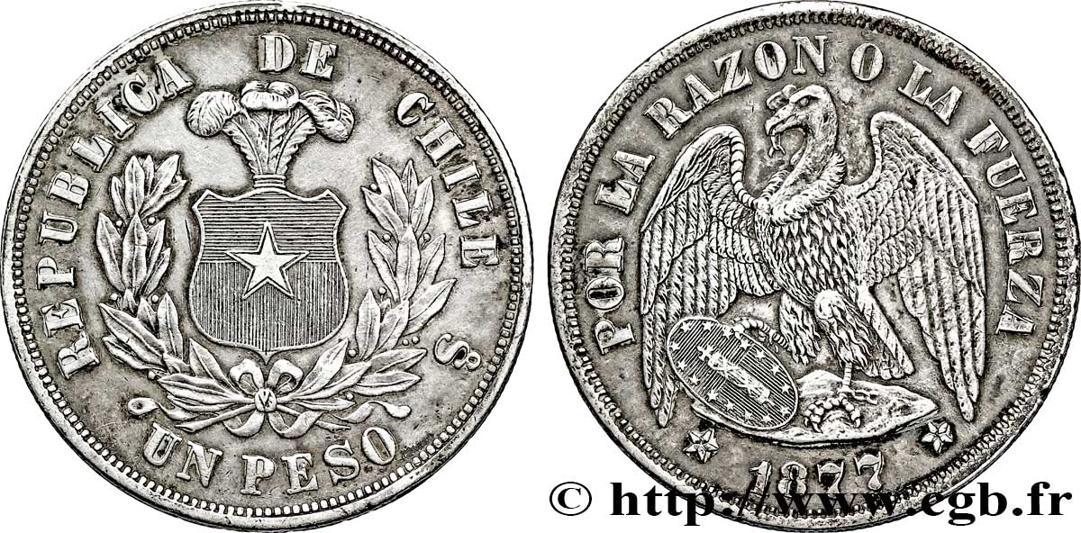 CHILE 1 Peso condor 1877 Santiago - S° AU 