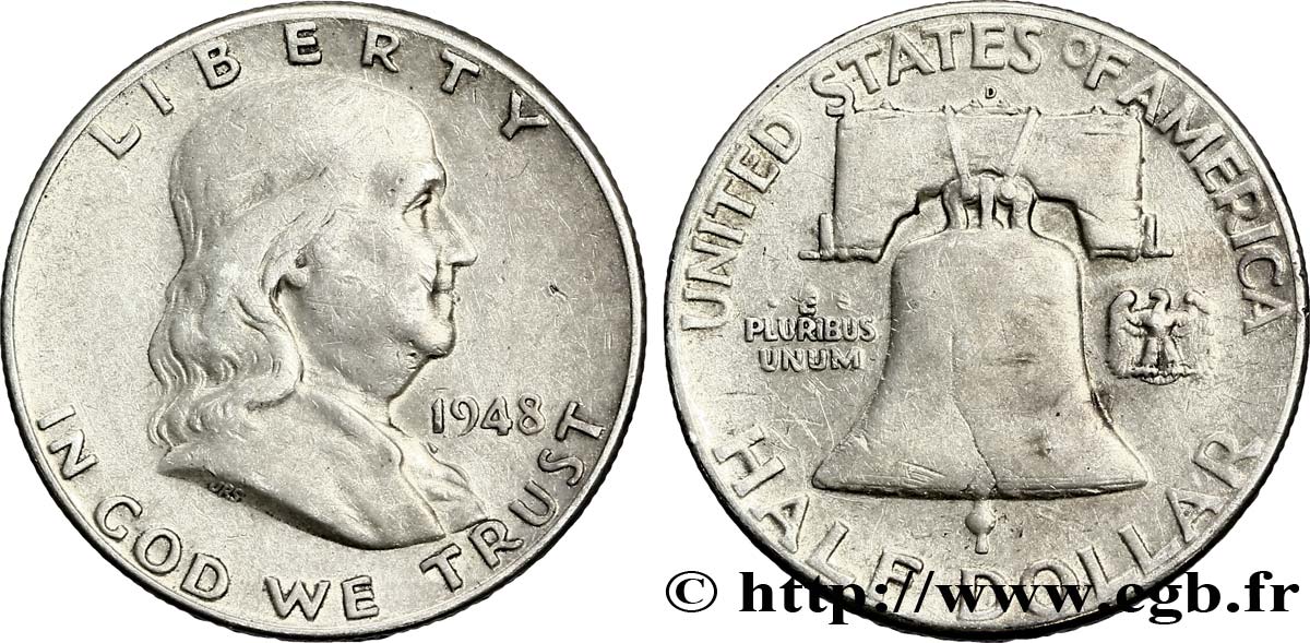 UNITED STATES OF AMERICA 1/2 Dollar Benjamin Franklin 1948 Denver VF 