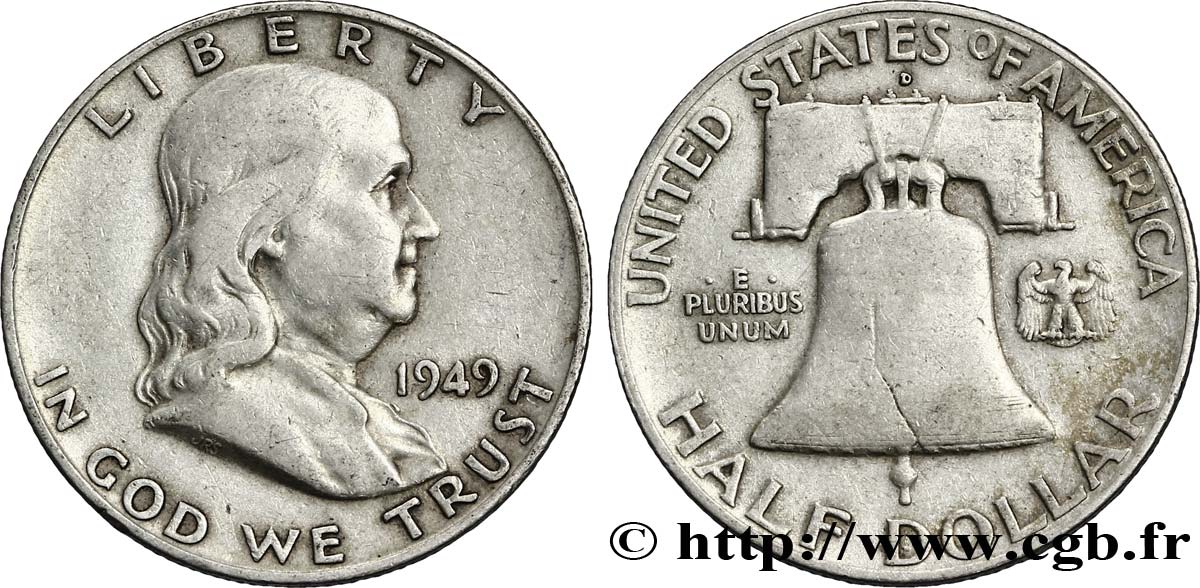 UNITED STATES OF AMERICA 1/2 Dollar Benjamin Franklin 1949 Denver VF 