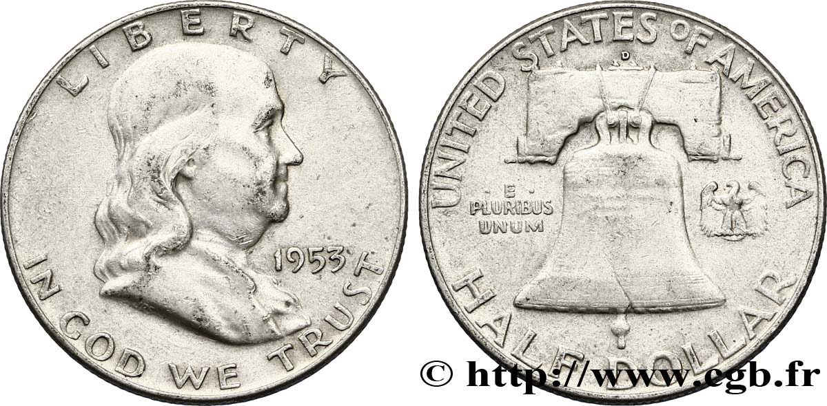 UNITED STATES OF AMERICA 1/2 Dollar Benjamin Franklin 1953 Denver XF 